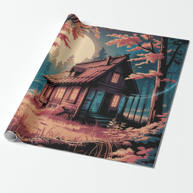 Moonlit Cabin Japanese Forest Art (2) Wrapping Paper (Unrolled)