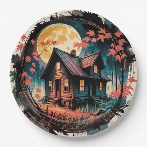 Moonlit Cabin Japanese Forest Art (3) Paper Plates