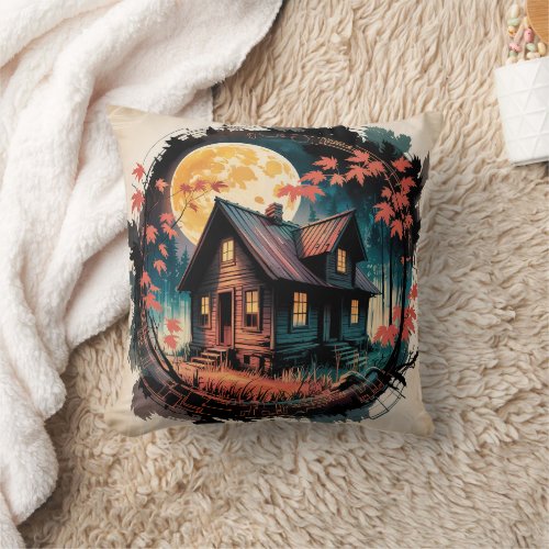 Moonlit Cabin Japanese Forest Art (3) Throw Pillow