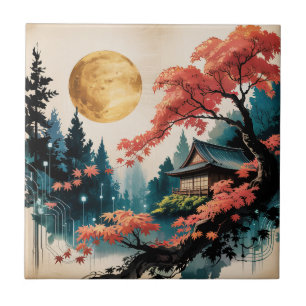Moonlit Cabin Japanese Forest Art (4) Ceramic Tile