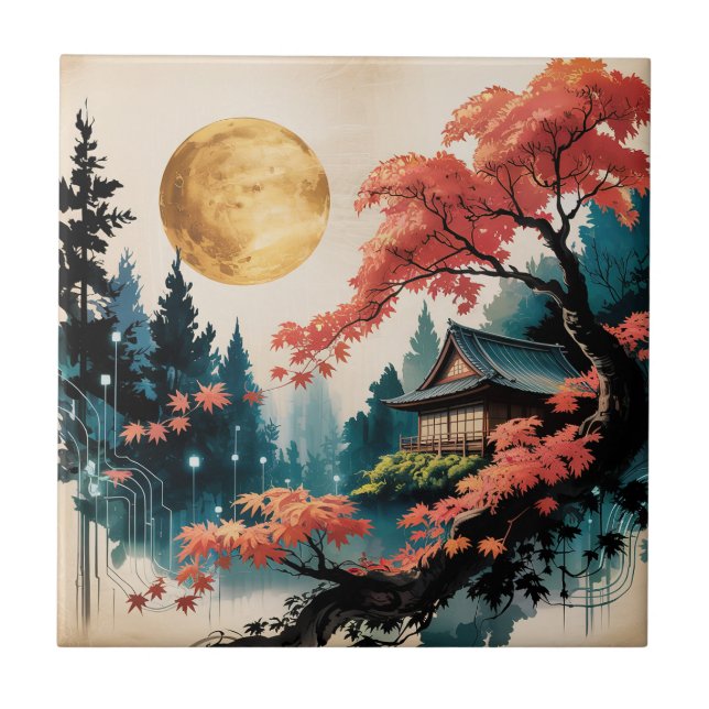 Moonlit Cabin Japanese Forest Art (4) Ceramic Tile (Front)