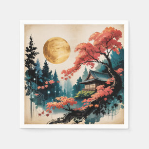 Moonlit Cabin Japanese Forest Art (4) Napkins