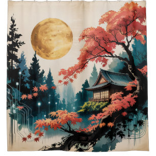 Moonlit Cabin Japanese Forest Art (4) Shower Curtain