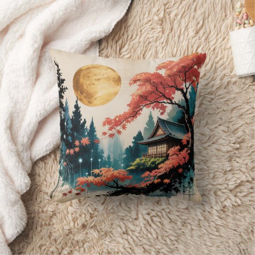 Moonlit Cabin Japanese Forest Art (4) Throw Pillow
