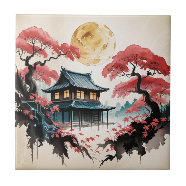 Moonlit Cabin Japanese Forest Art (5) Ceramic Tile (Front)