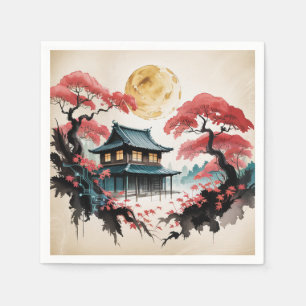 Moonlit Cabin Japanese Forest Art (5) Napkins