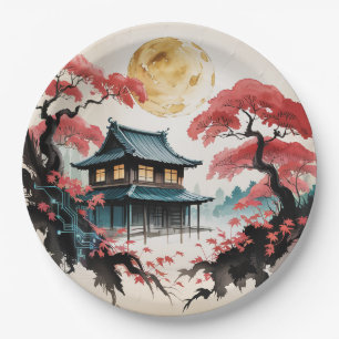 Moonlit Cabin Japanese Forest Art (5) Paper Plates