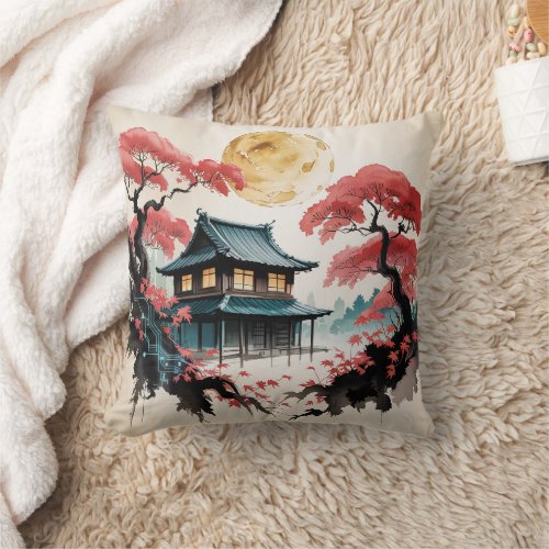 Moonlit Cabin Japanese Forest Art (5) Throw Pillow