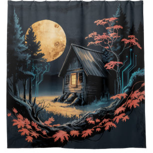 Moonlit Cabin Japanese Forest Art (6) Shower Curtain