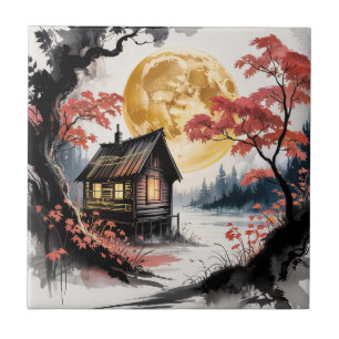 Moonlit Cabin Japanese Forest Art (7) Ceramic Tile
