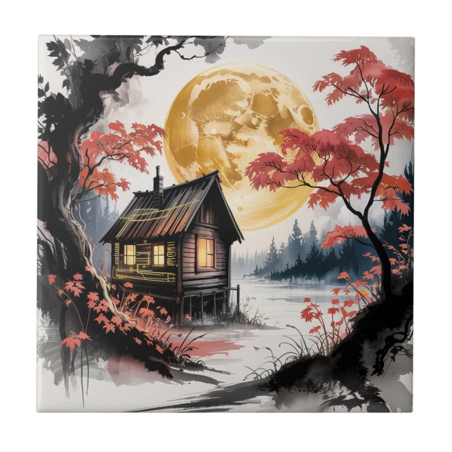 Moonlit Cabin Japanese Forest Art (7) Ceramic Tile (Front)