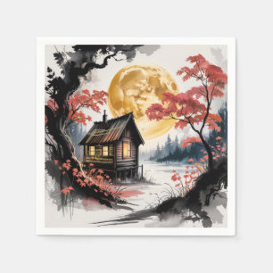 Moonlit Cabin Japanese Forest Art (7) Napkins