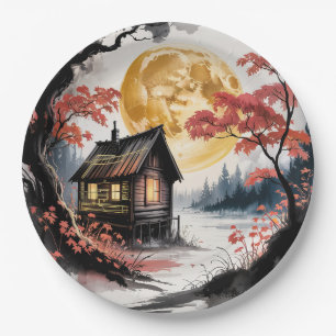 Moonlit Cabin Japanese Forest Art (7) Paper Plates