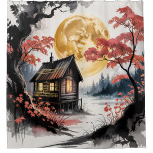 Moonlit Cabin Japanese Forest Art (7) Shower Curtain