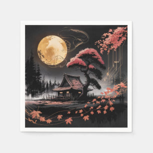 Moonlit Cabin Japanese Forest Art (8) Napkins