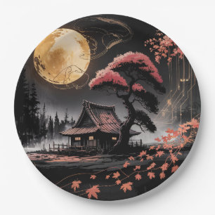 Moonlit Cabin Japanese Forest Art (8) Paper Plates