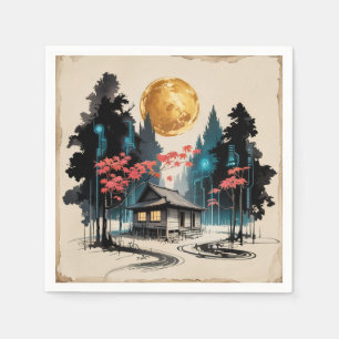 Moonlit Cabin Japanese Forest Art (9) Napkins