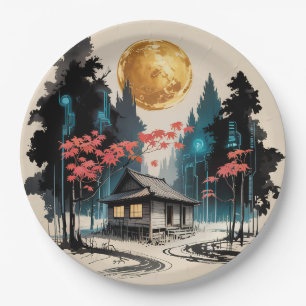 Moonlit Cabin Japanese Forest Art (9) Paper Plates