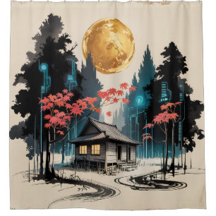 Moonlit Cabin Japanese Forest Art (9) Shower Curtain