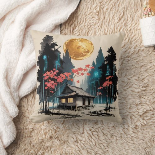 Moonlit Cabin Japanese Forest Art (9) Throw Pillow