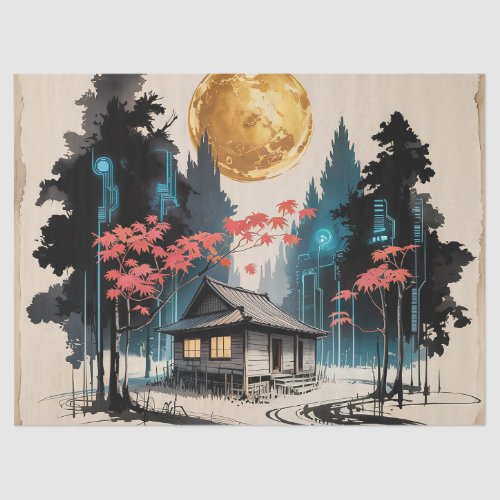 Moonlit Cabin Japanese Forest Art (9) Tissue Paper