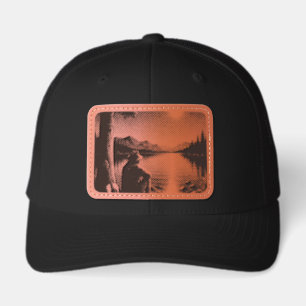 Moonlit Campfire Wanderer Black and White Poster Leather Patch Hat