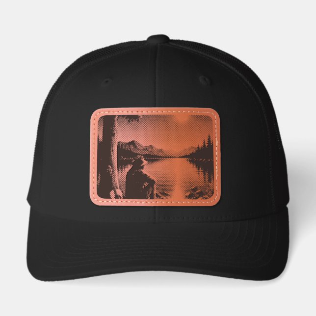 Moonlit Campfire Wanderer Black and White Poster Leather Patch Hat (Front)