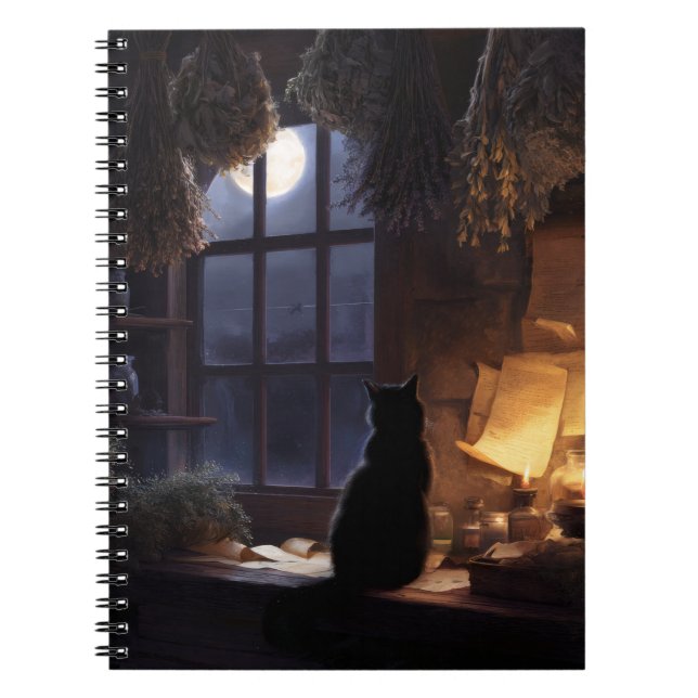 Moonlit Cat Cottage Window Notebook (Front)