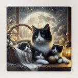 Moonlit Cat Family Square Puzzle 676 pcs<br><div class="desc">A serene and magical night scene featuring a mother cat and her kittens nestled in a cozy basket by the window, bathed in moonlight under a dreamy starry sky. Soft florals, glowing lantern light, and curious green eyes complete this heartwarming and whimsical composition – a perfect puzzle for cat lovers...</div>