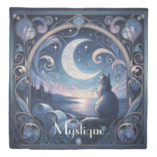 Moonlit Cat Fantasy Blue Art Nouveau Design Duvet Cover