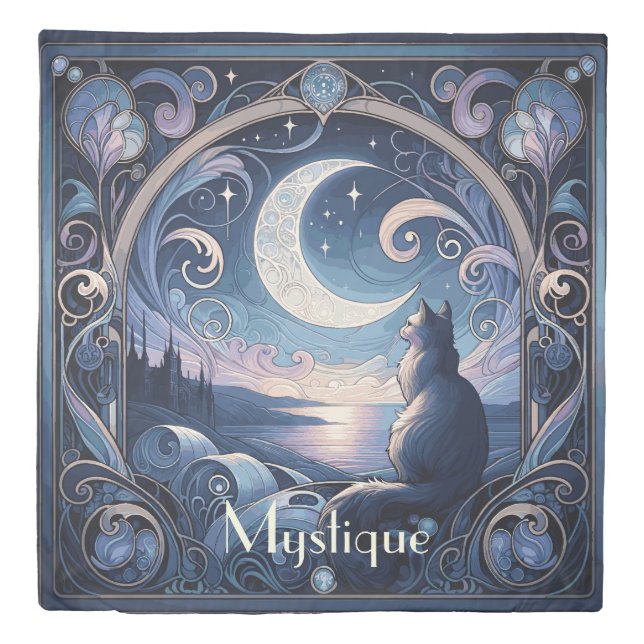 Moonlit Cat Fantasy Blue Art Nouveau Design Duvet Cover (Front)