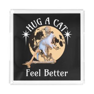 Moonlit Cat Hug Skeleton Comfort Humor Acrylic Tray