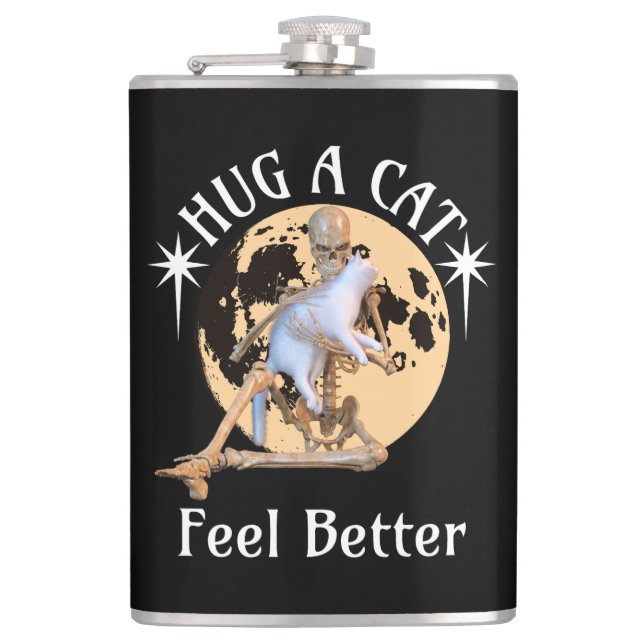 Moonlit Cat Hug Skeleton Comfort Humor Flask (Front)
