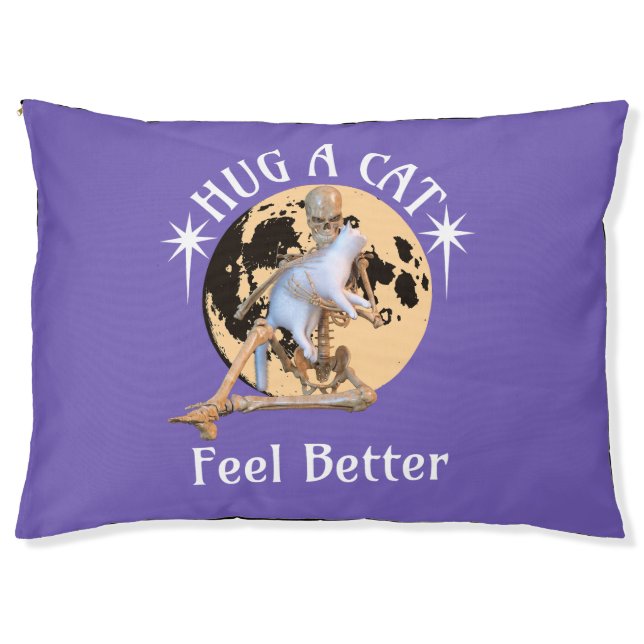 Moonlit Cat Hug Skeleton Comfort Humor Pet Bed (Front)