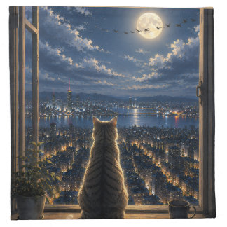 Moonlit Cat Watching the City Night Window Art Cloth Napkin