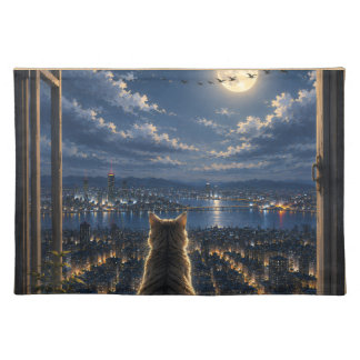 Moonlit Cat Watching the City Night Window Art Cloth Placemat