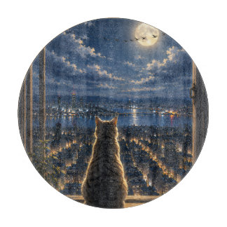 Moonlit Cat Watching the City Night Window Art Cutting Board