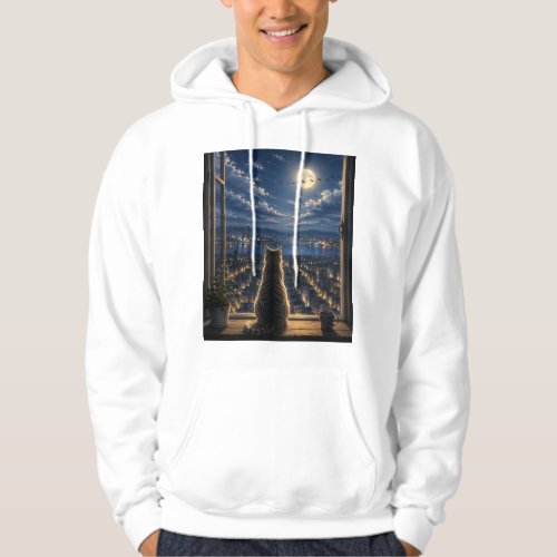 Moonlit Cat Watching the City Night Window Art Hoodie