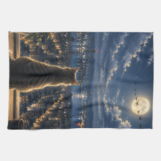 Moonlit Cat Watching the City Night Window Art Kitchen Towel