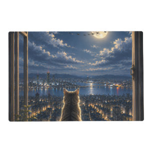 Moonlit Cat Watching the City Night Window Art Placemat
