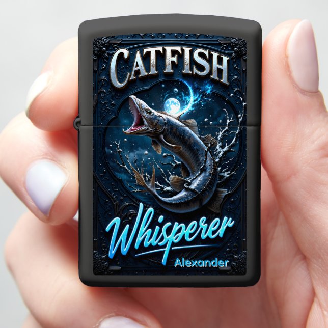 Moonlit Catfish Personalized Night Hunter Zippo Lighter (In Hand)