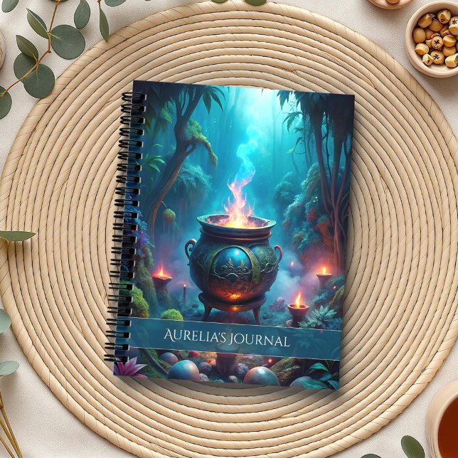 Moonlit Cauldron Grimoire – Lunar Witch Spell  Notebook (Moonlit Cauldron Grimoire – Lunar Witch Spell Notebook on a boho table with herbs and a cup of tea)