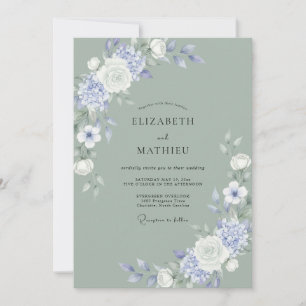 Moonlit Celadon Periwinkle Peony Wedding Invitation