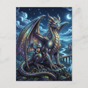 Moonlit Celestial Dragon and Baby Fantasy Castle Postcard