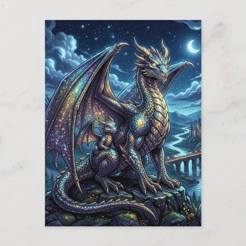 Moonlit Celestial Dragon and Baby Fantasy Castle  Postcard