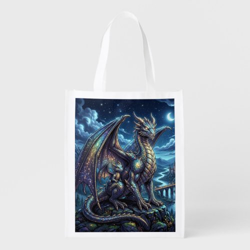 Moonlit Celestial Dragons and Castle Grocery Bag