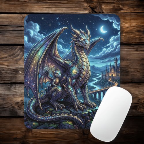 Moonlit Celestial Dragons and Castle Mouse Pad