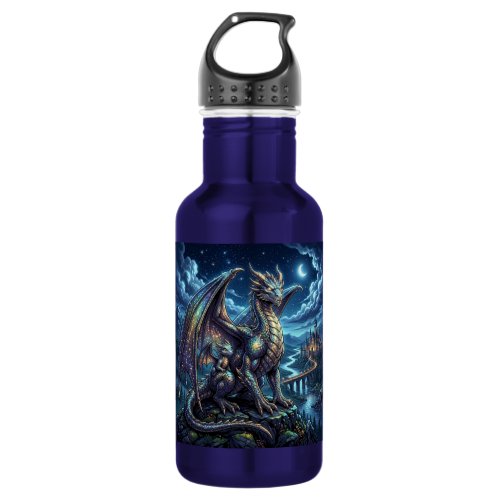 Moonlit Celestial Dragons and Castle Stainless Steel Water Bottle
