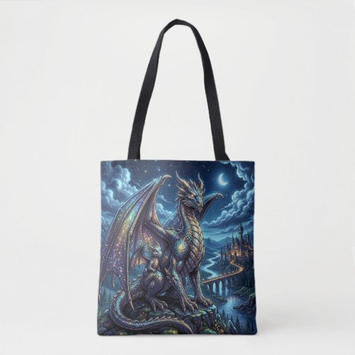 Moonlit Celestial Dragons and Castle Tote Bag