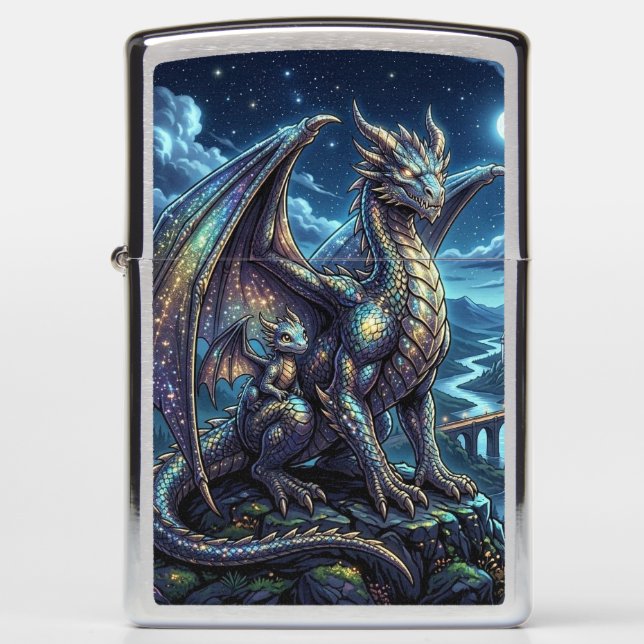 Moonlit Celestial Dragons and Castle Zippo Lighter (Front)